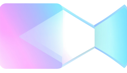 Abstract geometric shape transitions from pink-purple gradient to blue-cyan, connected by angled lines, against a black backdrop