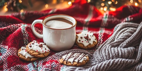 A cozy Christmas scene with a warm mug of hot cocoa and cookies on a plaid blanket, surrounded by twinkling lights and a festive tree.