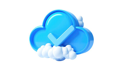 3D rendered blue cloud with white fluffy bottom and center check mark against a black backdrop