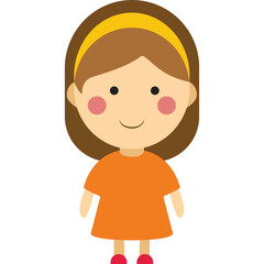Simple Flat Illustration of a Young Girl with Brown Hair and Rosy Cheeks Wearing an Orange Dress and Red Shoes on a Transparent Background