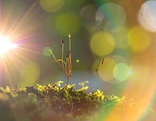 Tiny moss with sunburst and bokeh, natural and vibrant detail
