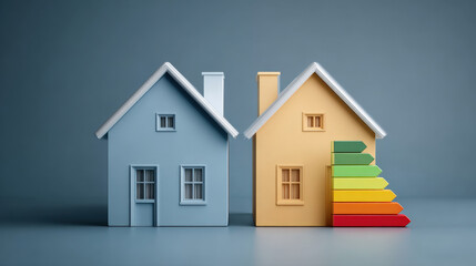 Minimal deep blue illustration of two houses with energy comparison panel