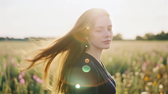 Woman in field with windblown hair gazes into the camera, bathed in golden sunlight
