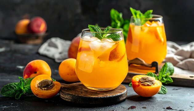 Refreshing peach-infused cocktail served with fruit and mint