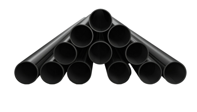 Stacked black cylindrical pipes, creating triangular pattern, against black background - Powered by Adobe