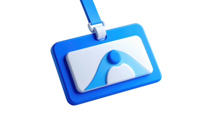 Blue and white badge with abstract mountain design on a black background, hanging from a lanyard