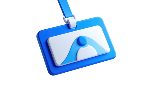 Blue and white badge with abstract mountain design on a black background, hanging from a lanyard