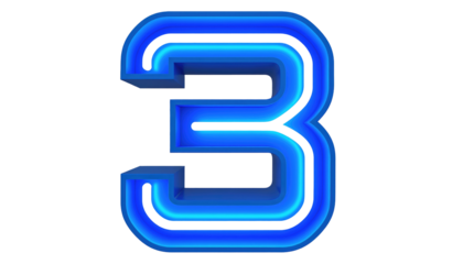 Glowing number three, rendered in vibrant blue neon style against a dark black background