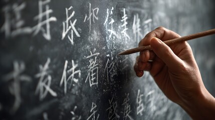 Hand holding wooden stylus writing white Chinese characters on a dark textured blackboard chalk finger
