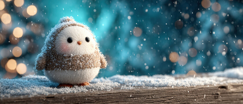Single snowball on frosty wooden plank with teal winter bokeh background