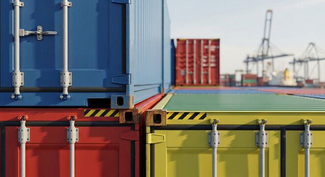 Close-up of stacked industrial cargo containers in a bustling shipping yard, representing global trade and supply chain management - Powered by Adobe