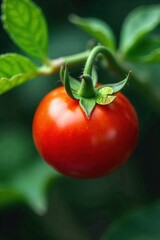 Tiny Winged Tomato Hatchling Emerging from a Blossom, Macro Photography Extreme macro shot of a miniature, bright red tomato with tiny, iridescent, almost transparent wings, just emerging from a white