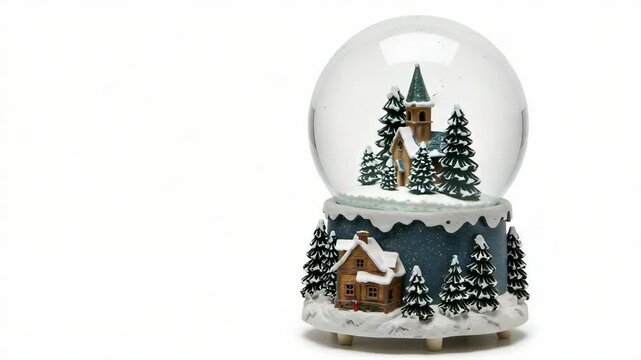 Festive winter village snow globe featuring a charming church surrounded by snow-dusted evergreen trees and a cozy cottage, perfect for holiday decor