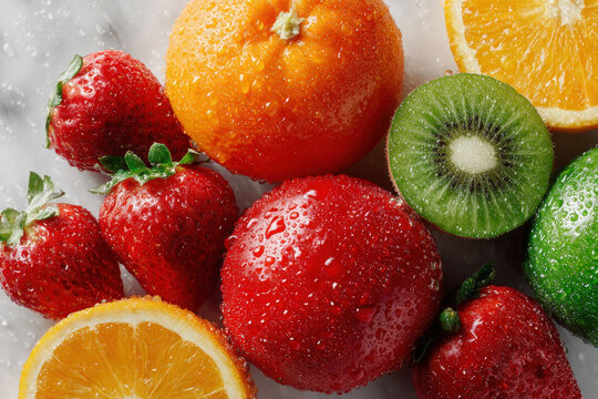 Flatlay of Vitamin C Rich Fresh Fruits and Vegetables on White Background
