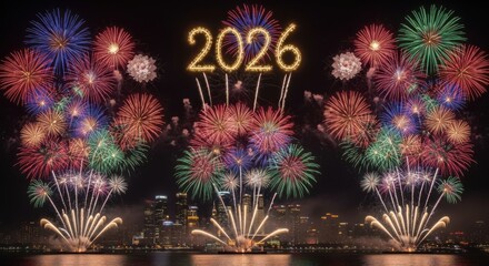 Obraz premium Spectacular 2026 new year s eve fireworks display over city skyline