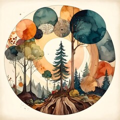 Whimsical watercolor illustration of trees, hills, and overlapping circles