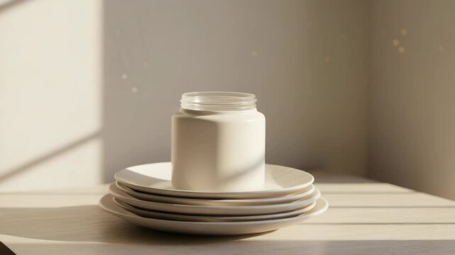 A white ceramic jar sits stacked on a set of white plates, bathed in warm sunlight casting shadows on a surface