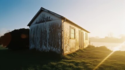 Weathered shed by a misty lake at dawn - Powered by Adobe