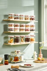 Organized Kitchen Shelf with Glass Storage Jars Filled with Nuts Spices Dried Fruits on Green Wall Stock Image