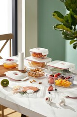 Kitchen Table with Vacuum Sealed Food Storage Containers Fruits Nuts Seafood and Vacuum Pump Stock Photo