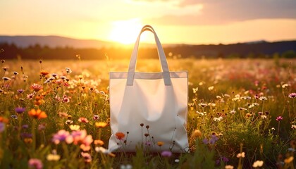 White bag stands tall in a vibrant field, sunset glow behind