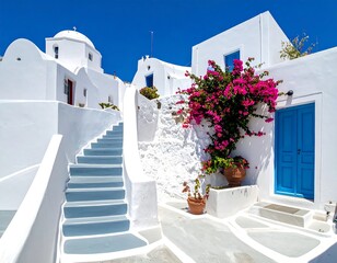 Whitewashed buildings with blue accents, bright flowers, and stairs