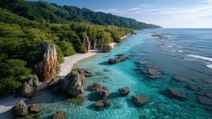 Drone Aerial View Of A Lush Green Island Coastline With Dramatic Jagged Rock Formations And Turquoise Crystal Clear Ocean Waters Under Bright Sunlight