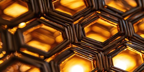 A honeycomb pattern with a golden hue, featuring a dark brown frame with a golden honeycomb inside. The pattern is intricate and repetitive, creating a sense of order and symmetry.