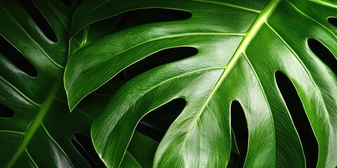 Two large green and leafy tropical leaves with a dark green background, one with a white stripe on the edge, and a black background with a white stripe on the edge.