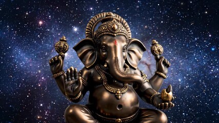 Bronze Ganesh statue, hands gesturing, in space background, for religious illustration