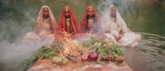 Authentic Chhath Puja Ritual Women in Colorful Sarees by River, Cinematic Dawn Scene for Premium Cultural Marketing Content
