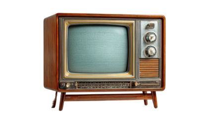 Boxy vintage TV with wood cabinet and static on the screen