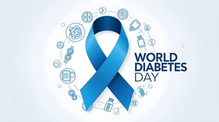 World diabetes day awareness ribbon and icons