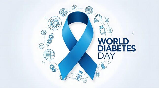 World diabetes day awareness ribbon and icons