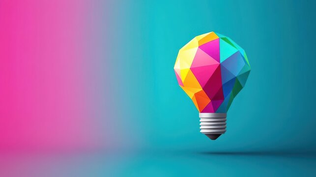 Vibrant colorful geometric light bulb illustration with bright pink and blue background symbolizing creativity innovation and bright ideas in a modern design style