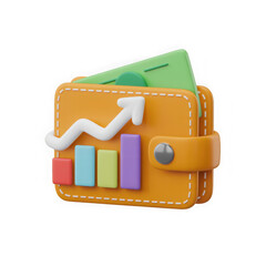 3d cartoon wallet icon holding an increasing graph, representing positive financial trends, with transparent background
