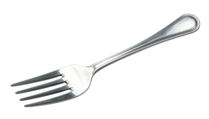 Shiny silver fork with four tines on black background, angled up and right, showing its simple design