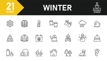 Winter line icon set. Set of 21 outline icons related to winter, jackets, warm clothes, Christmas, snow, new year, hot drink, cold and others. Editable stroke. Vector illustration.