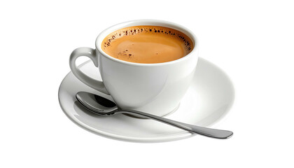 Naklejka premium Creamy coffee in a white cup atop a saucer with a spoon resting alongside it, isolated on a transparent background