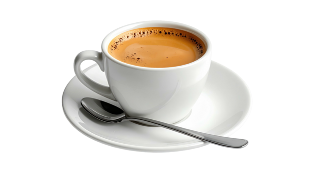 Creamy coffee in a white cup atop a saucer with a spoon resting alongside it, isolated on a transparent background