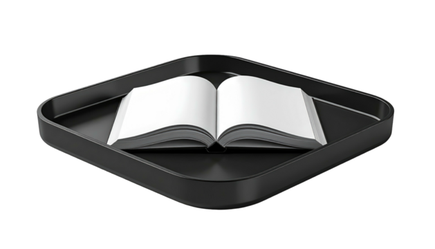 An open book with blank pages resting in a square black tray, against a black backdrop, rendered in 3D