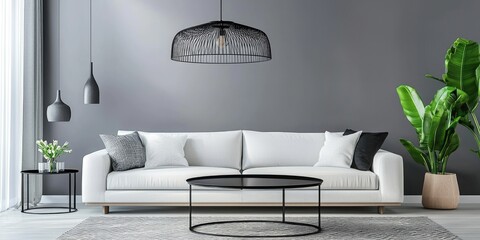 A minimalist living room with a white sofa, black pendant lights, and a large potted plant in the foreground.