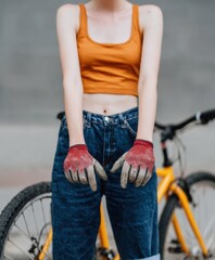 Authentic Gen Z Woman Fixing Bike Eco-Conscious Lifestyle Content for Modern Marketing and Social Media Advertising
