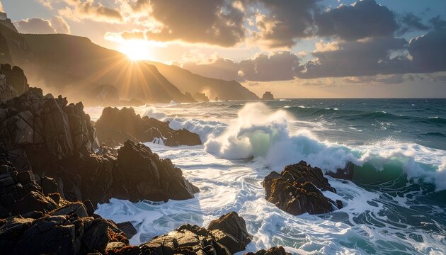 Sunset Over Rugged Rocky Coastline with Ocean Waves and Dramatic Sky