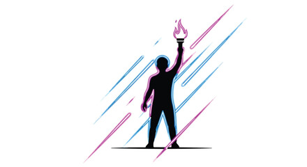 Silhouette of a person holding a flaming torch aloft against a backdrop of abstract light streaks.