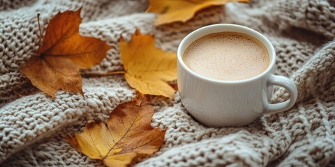 A cozy autumn scene with a warm cup of coffee and autumn leaves on a textured blanket.