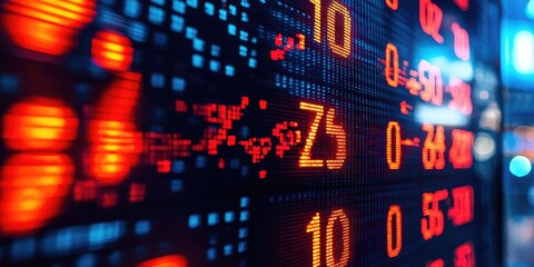 Stock market ticker displaying Z5, with red and orange digits against a dark background, with a blurred background of a cityscape.