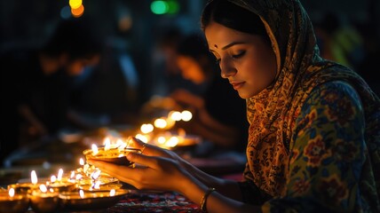 Serene woman celebrating Diwali, holding diya lamps in warm light and night atmosphere