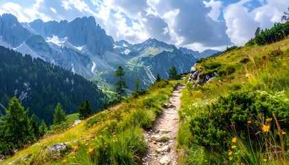 Obraz premium Scenic Mountain Trail in Lush Green Meadows with Bright Clouds and Snowy Peaks