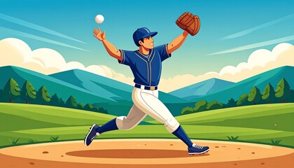 Obraz premium Illustration of a baseball player pitching the ball, on a field with mountains in the background under a blue sky